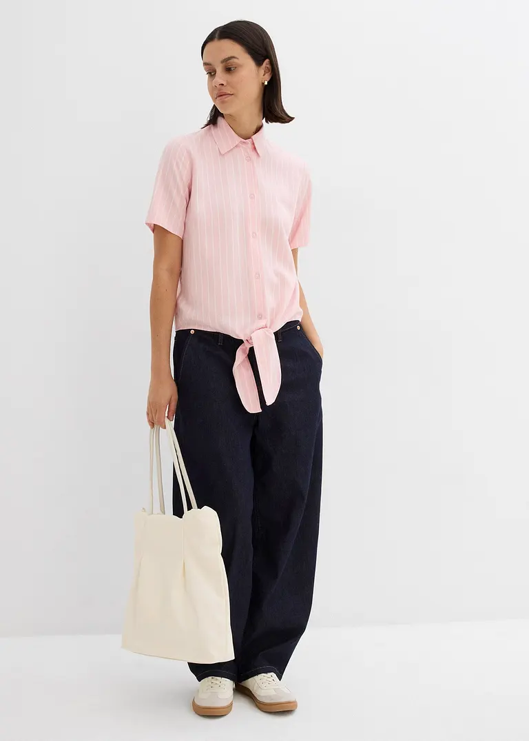 Bonprix Gestreifte Kurzarmbluse Aus Fließender Viskose - Rosa