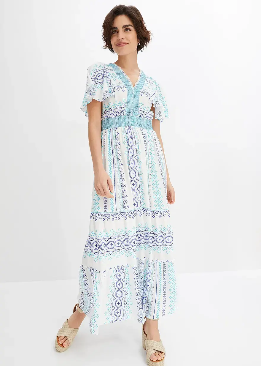 Bonprix Graphisch Bedrucktes Maxikleid Mit Weiten Ärmeln - Weiß