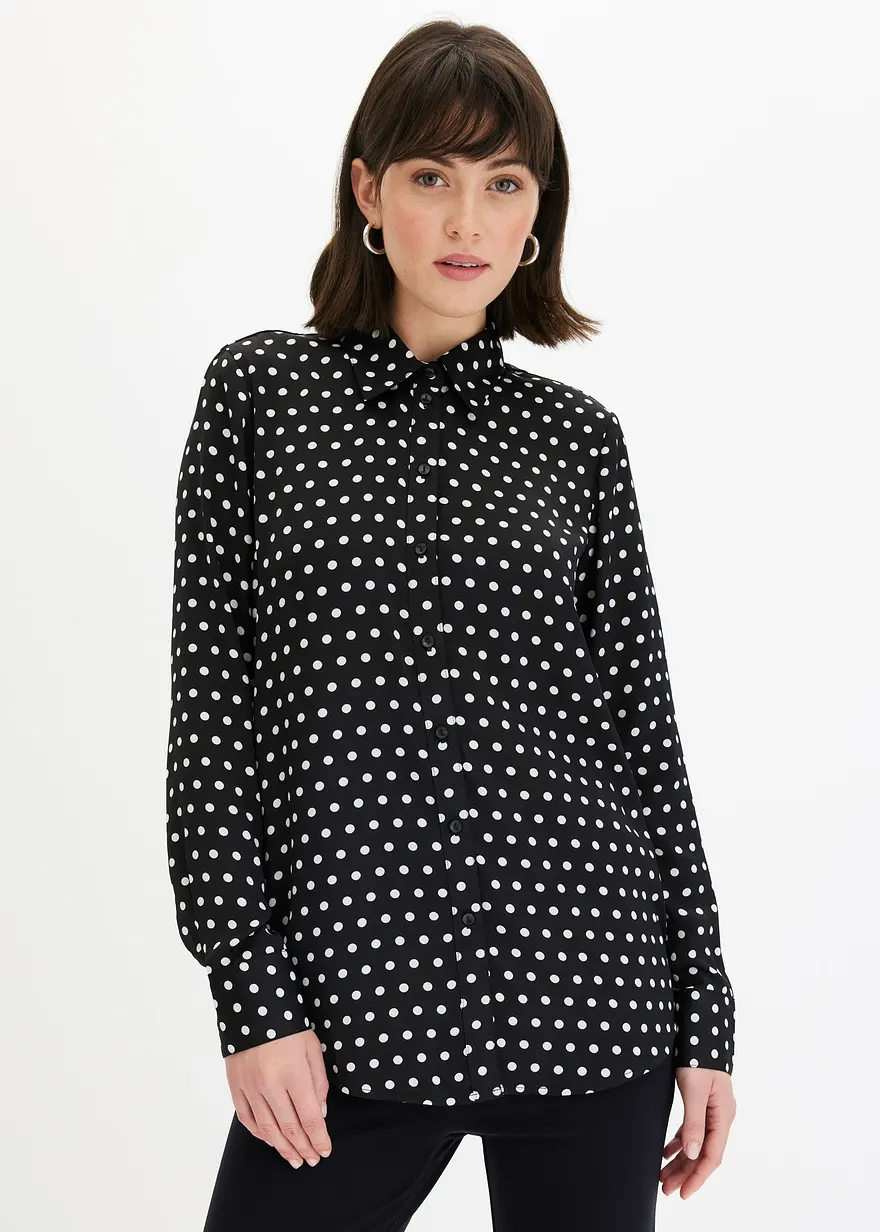 Bonprix Hemdbluse Mit Femininen Punktedruck - Schwarz - Damen