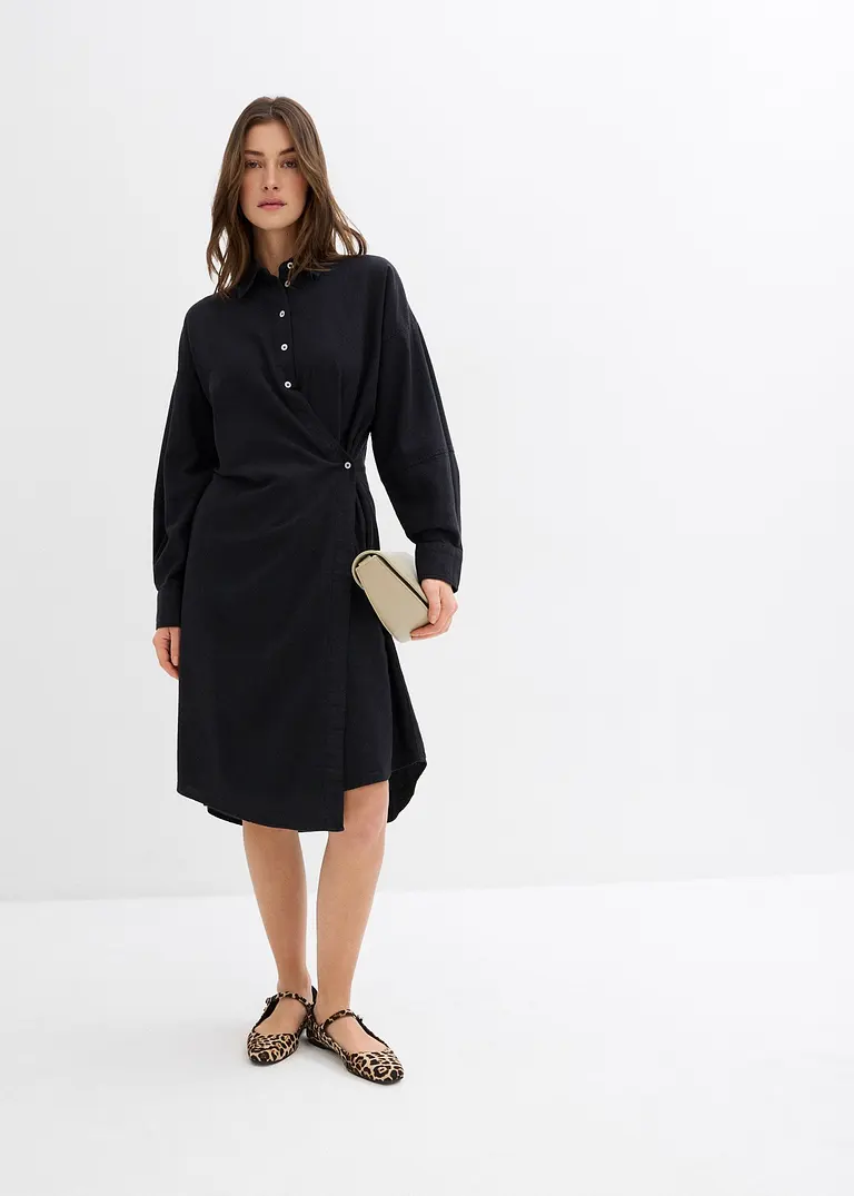 Bonprix Hemdblusenkleid In Mittlerer Länge Mit Asymmetrischer Front Zum Wickeln Und Einem Dünnen Bindeband Auf Der Außenseite