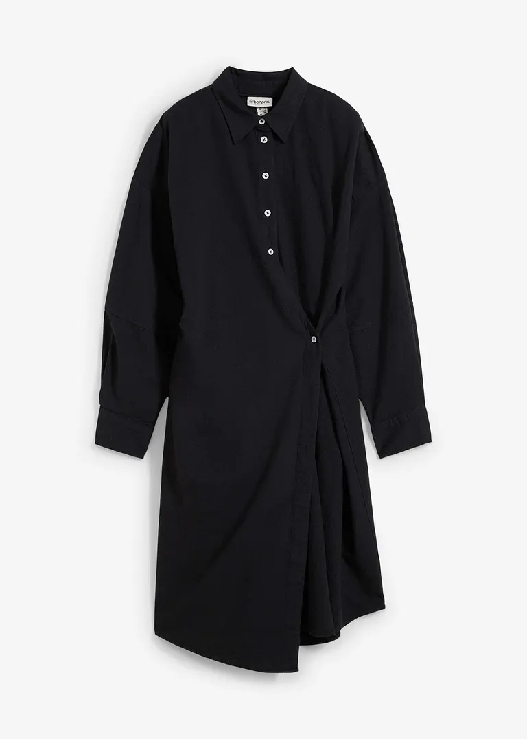 bonprix Hemdblusenkleid in mittlerer Länge mit asymmetrischer Front zum Wickeln und einem dünnen Bindeband auf der Außenseite