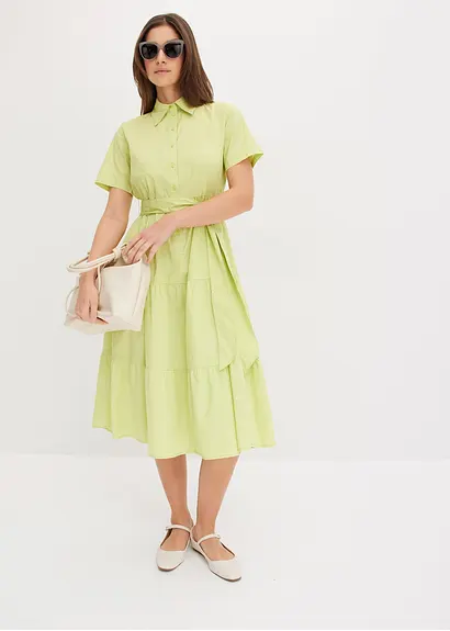 Bonprix Hemdblusenkleid Mit Bindeband Aufgesetzte Pattentaschen Und Volantsrock