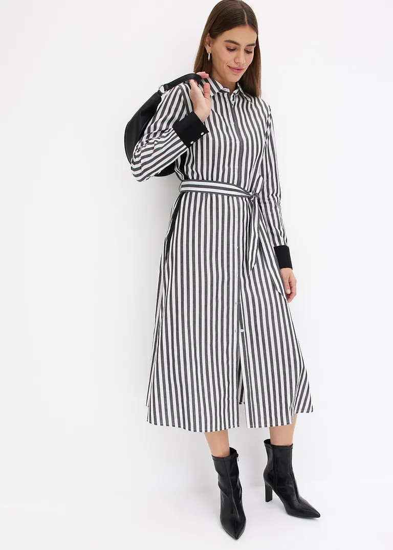 Bonprix Hemdblusenkleid Mit Kontraststreifen - Schwarz - Damen