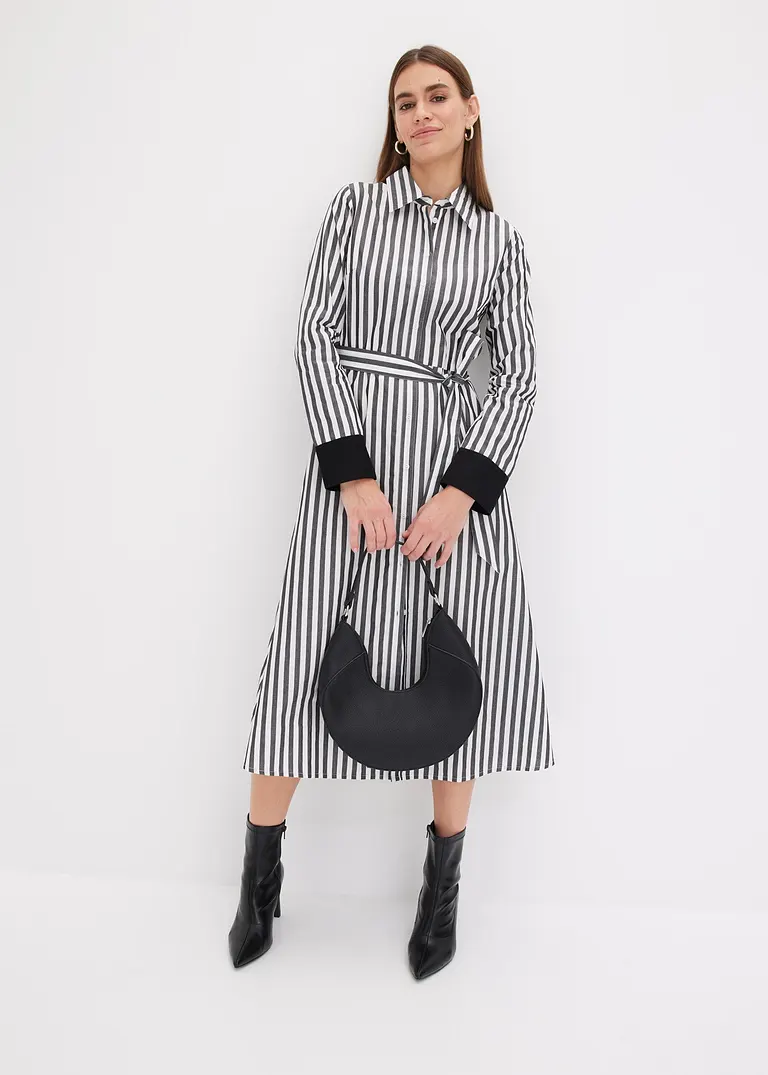 Bonprix Hemdblusenkleid Mit Kontraststreifen - Schwarz - Damen