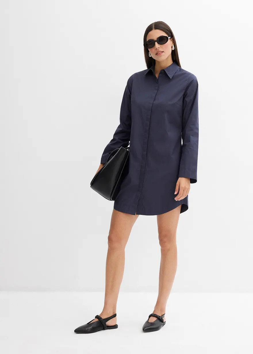 Bonprix Hemdkleid In Midilänge Aus Reiner Baumwolle Mit Voluminösen Silhouette Einem Klassischen Spitzen Kragen Und Einem Abgerundeten Saum Mit Seitlichen Knöpfen