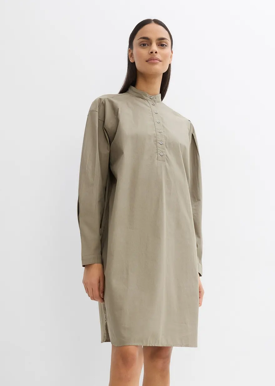Bonprix Hemdkleid In Midilänge Mit Granad-Kragen Aus Baumwolle - Grau