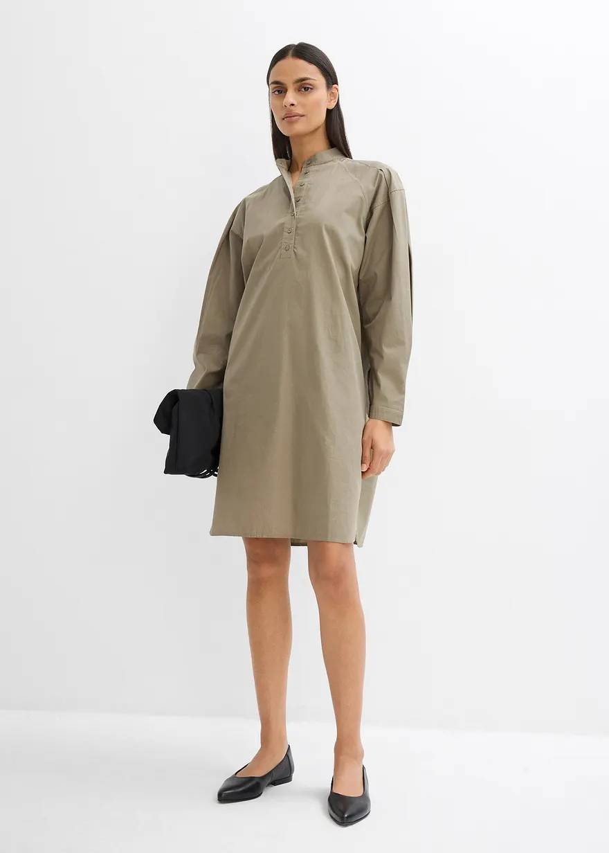 Bonprix Hemdkleid In Midilänge Mit Granad-Kragen Aus Baumwolle - Grau