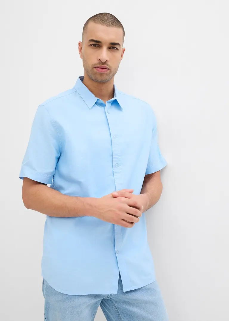 Bonprix Herren-Kurzarmhemd In Leinen-Baumwoll-Qualität. - Blau