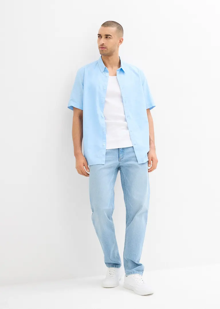 Bonprix Herren-Kurzarmhemd In Leinen-Baumwoll-Qualität. - Blau