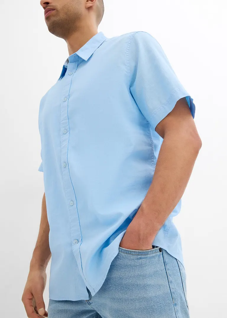 Bonprix Herren-Kurzarmhemd In Leinen-Baumwoll-Qualität. - Blau