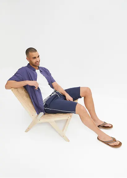 Bonprix Herren-Kurzarmhemd In Leinen-Baumwoll-Qualität. - Blau