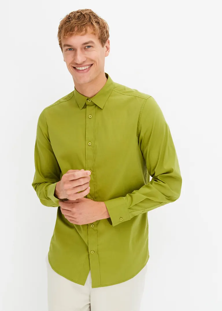 Bonprix Herren Langarmhemd Mit Stretch Und Leicht Abgerundetem Saum