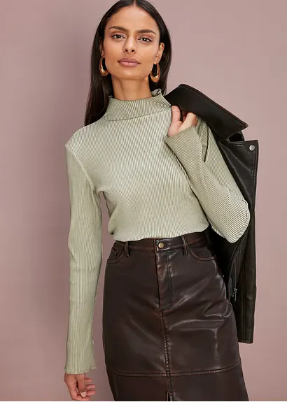 Bonprix Hochgeschlossenes Langarmshirt Aus Rippe - Grün - Damen