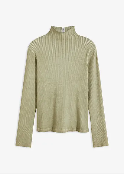 bonprix Hochgeschlossenes Langarmshirt aus Rippe - grün - Damen