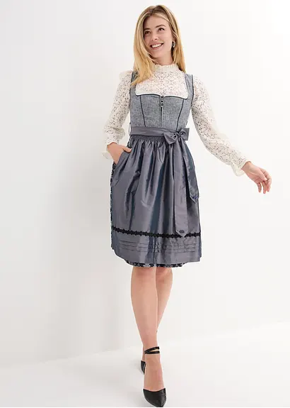 Bonprix Hochwertiges Dirndl Mit Mieder Aus Rustikalem Leinen-Mix Rock Aus Edlem Jacquard Und Schürze Aus Schimmerndem Changeant