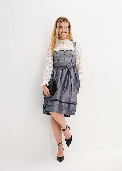 Bonprix Hochwertiges Dirndl Mit Mieder Aus Rustikalem Leinen-Mix Rock Aus Edlem Jacquard Und Schürze Aus Schimmerndem Changeant