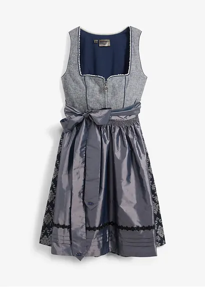 bonprix hochwertiges Dirndl mit Mieder aus rustikalem Leinen-Mix Rock aus edlem Jacquard und Schürze aus schimmerndem Changeant