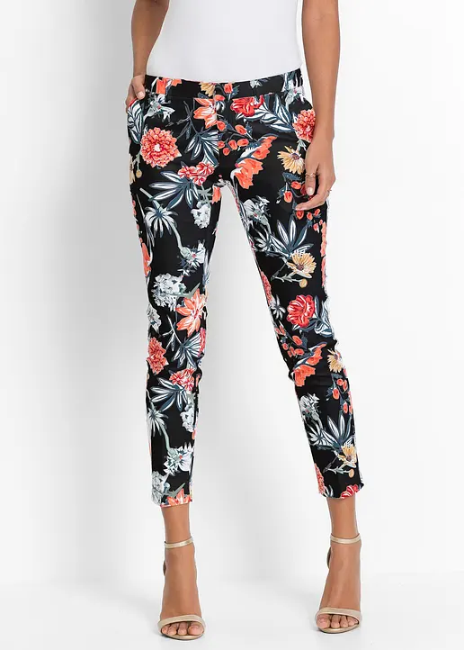 Bonprix Hübsche 7/8-Stretch-Hose Mit Modischem Allover-Druck - Schwarz