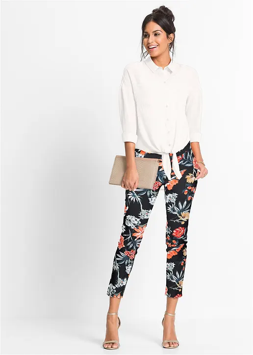 Bonprix Hübsche 7/8-Stretch-Hose Mit Modischem Allover-Druck - Schwarz