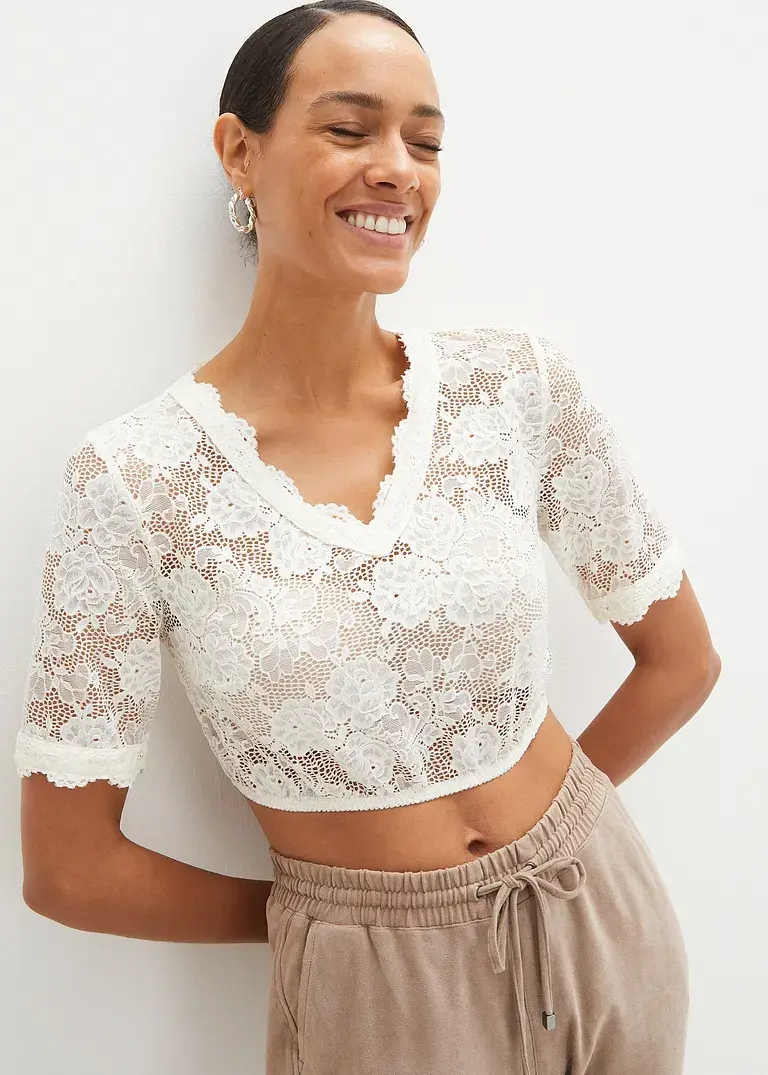 Bonprix Hübsche Dirndlbluse Mit Blumen-Spitze Und Halber Armlänge - Weiß