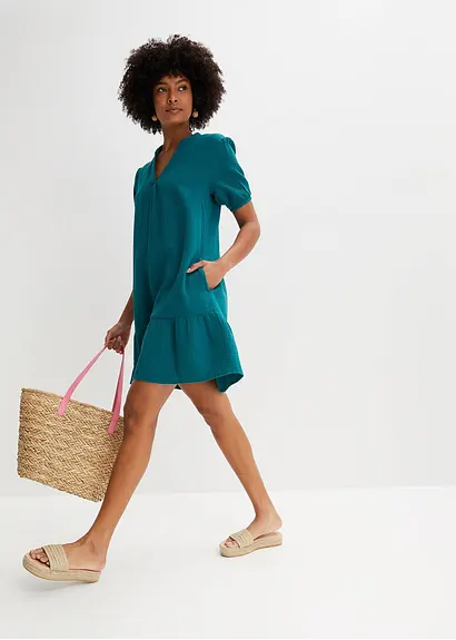 Bonprix Hübsches Musselin-Kleid Mit Volant. - Petrol - Damen