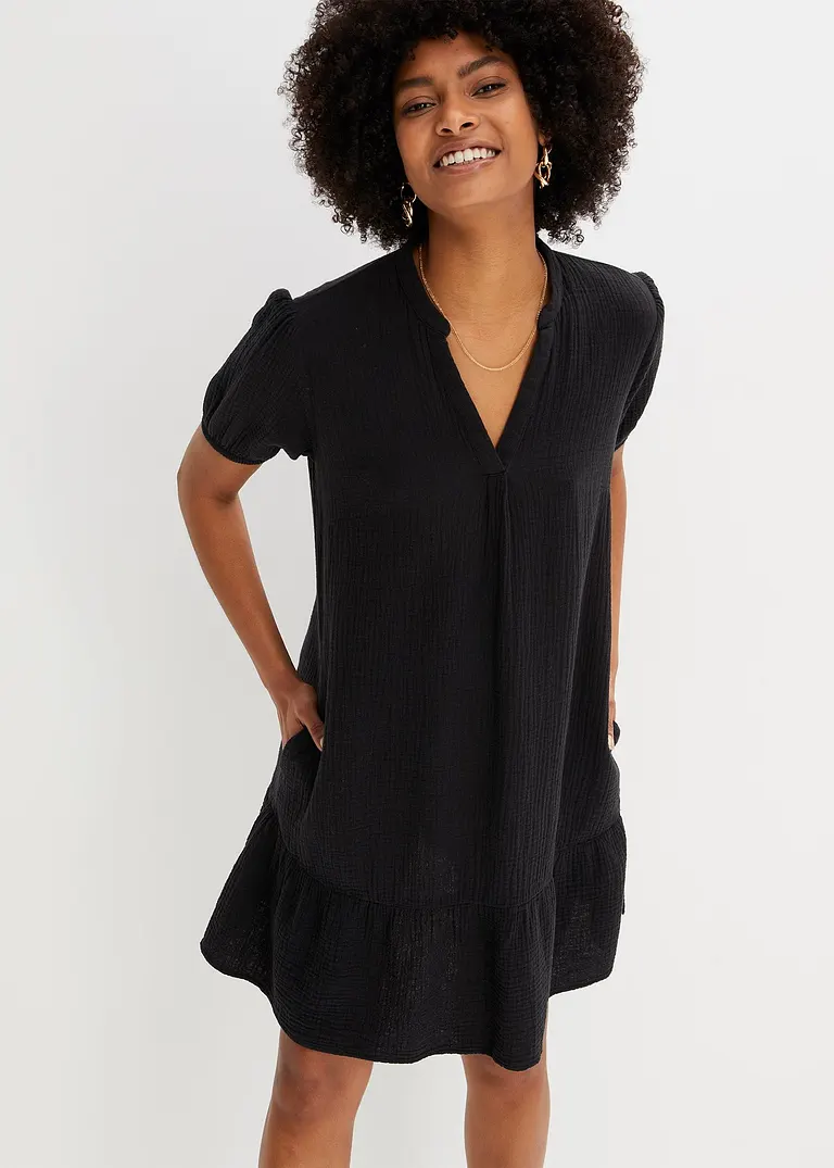 Bonprix Hübsches Musselin-Kleid Mit Volant. - Schwarz - Damen