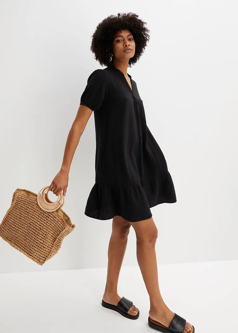 Bonprix Hübsches Musselin-Kleid Mit Volant. - Schwarz - Damen