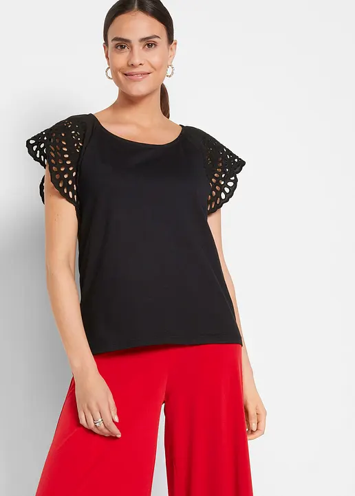 Bonprix Hübsches Shirt Mit Lochstickerei An Den Ärmeln - Schwarz - Damen