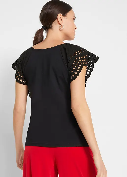 Bonprix Hübsches Shirt Mit Lochstickerei An Den Ärmeln - Schwarz - Damen