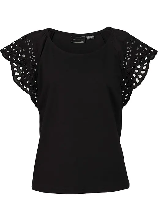 bonprix Hübsches Shirt mit Lochstickerei an den Ärmeln - schwarz - Damen