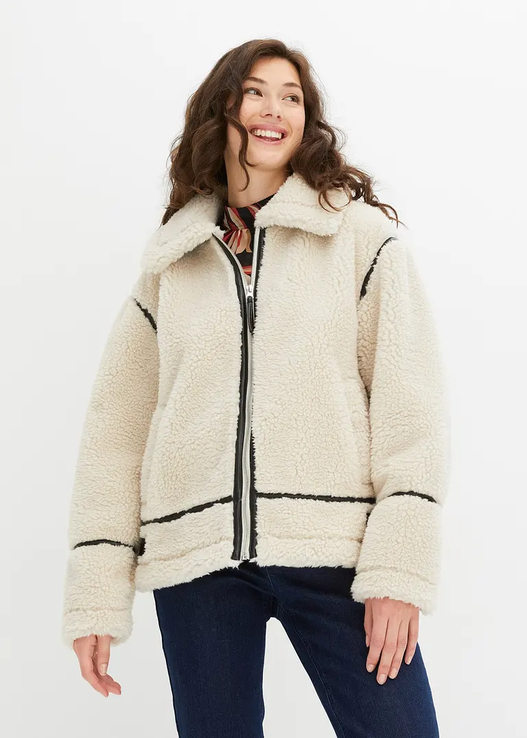 Bonprix Jacke Aus Lammfellimitat Mit Lederdetails - Beige