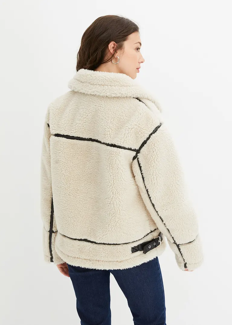Bonprix Jacke Aus Lammfellimitat Mit Lederdetails - Beige