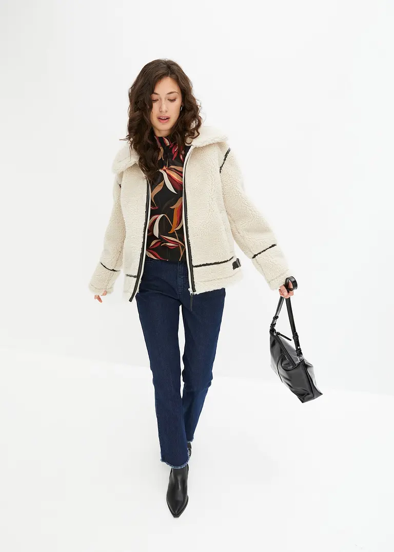 Bonprix Jacke Aus Lammfellimitat Mit Lederdetails - Beige