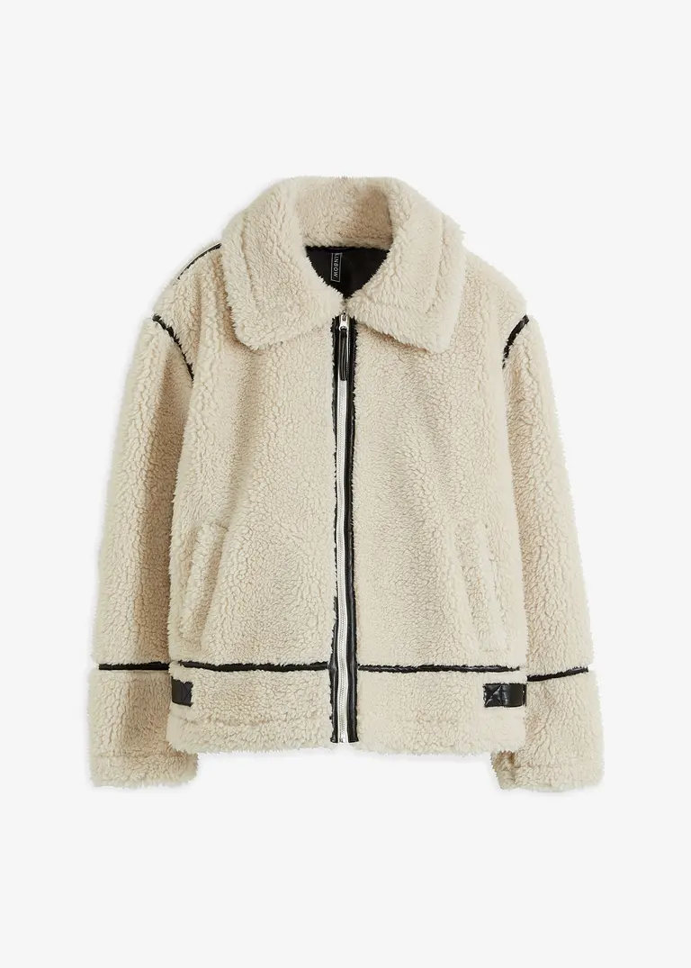 bonprix Jacke aus Lammfellimitat mit Lederdetails - beige