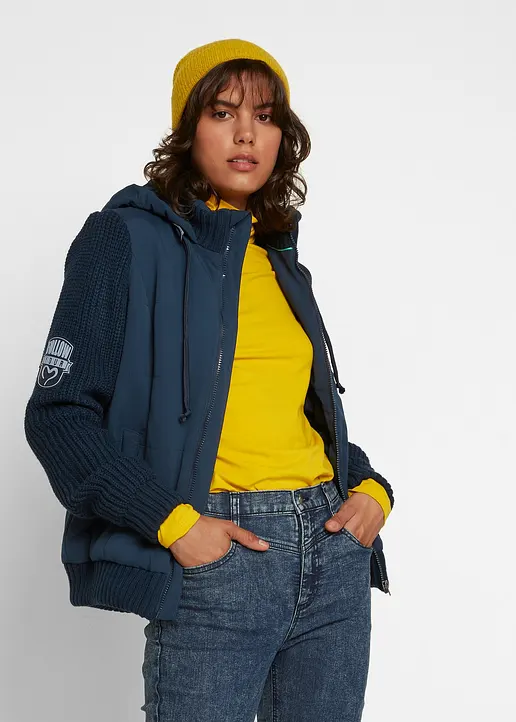 Bonprix Jacke In Westen-Optik Mit Strickärmeln Und Kapuze - Blau - Damen