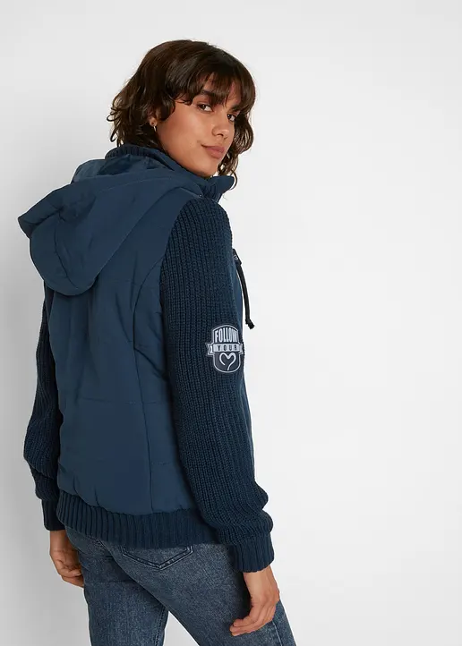 Bonprix Jacke In Westen-Optik Mit Strickärmeln Und Kapuze - Blau - Damen