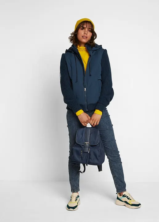 Bonprix Jacke In Westen-Optik Mit Strickärmeln Und Kapuze - Blau - Damen