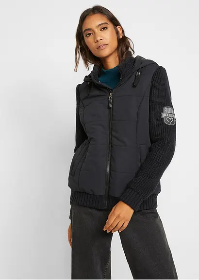 Bonprix Jacke In Westen-Optik Mit Strickärmeln Und Kapuze - Schwarz