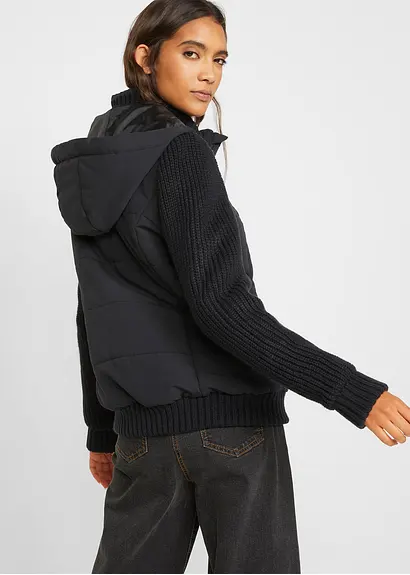 Bonprix Jacke In Westen-Optik Mit Strickärmeln Und Kapuze - Schwarz