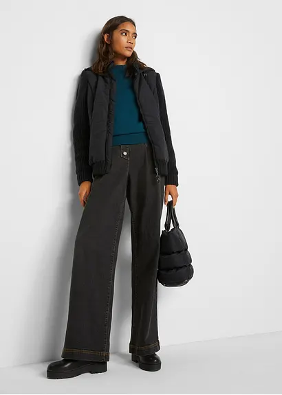 Bonprix Jacke In Westen-Optik Mit Strickärmeln Und Kapuze - Schwarz