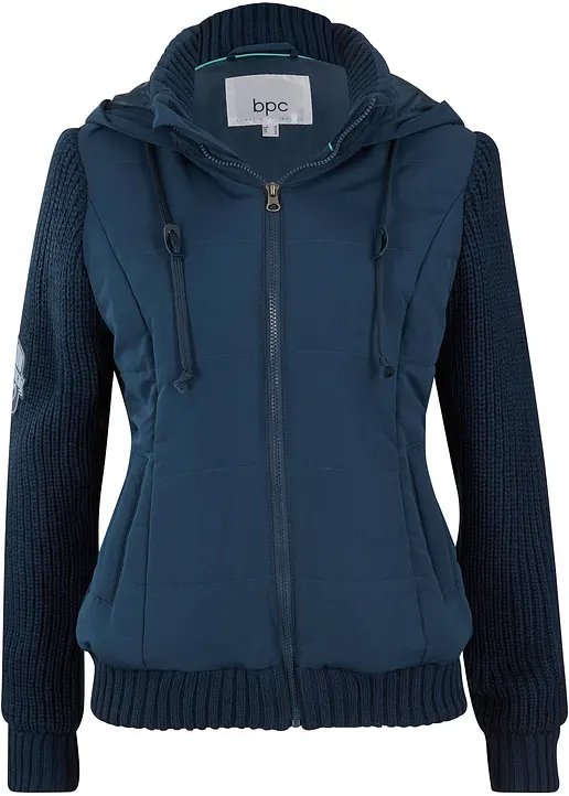 bonprix Jacke in Westen-Optik mit Strickärmeln und Kapuze - blau - Damen