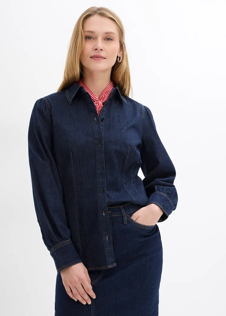 Bonprix Jeans-Hemdbluse Mit Weiten Ärmeln - Blau - Damen