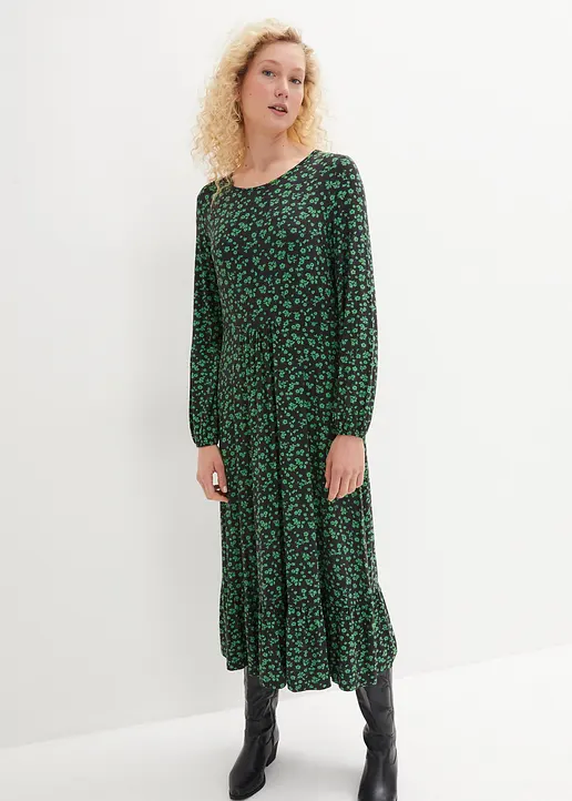 Bonprix Jersey-Kleid Mit Volant Am Rock Umspielt Die Figur - Grün - Damen