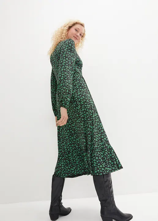 Bonprix Jersey-Kleid Mit Volant Am Rock Umspielt Die Figur - Grün - Damen