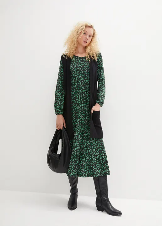 Bonprix Jersey-Kleid Mit Volant Am Rock Umspielt Die Figur - Grün - Damen