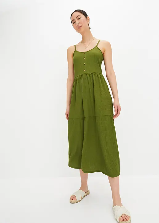 Bonprix Jersey-Kleid Mit Volants Und Dekorativer Knopfleiste - Grün