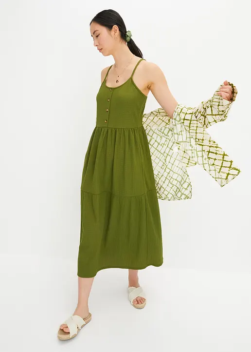 Bonprix Jersey-Kleid Mit Volants Und Dekorativer Knopfleiste - Grün