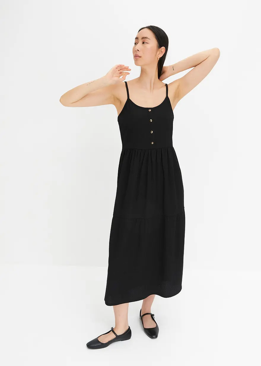 Bonprix Jersey-Kleid Mit Volants Und Dekorativer Knopfleiste - Schwarz