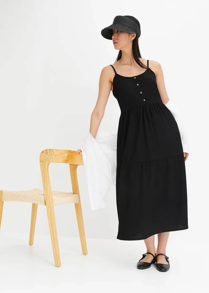 Bonprix Jersey-Kleid Mit Volants Und Dekorativer Knopfleiste - Schwarz