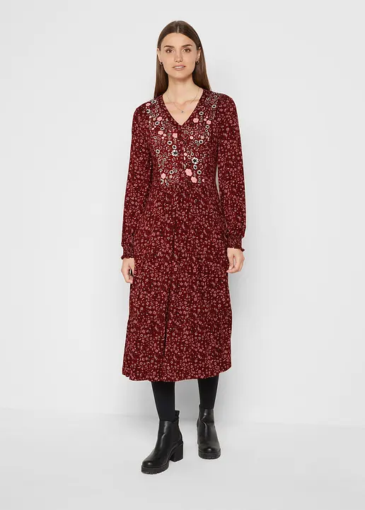 Bonprix Jersey Midi-Kleid Mit Bischofsärmeln Aus Viskose - Rot